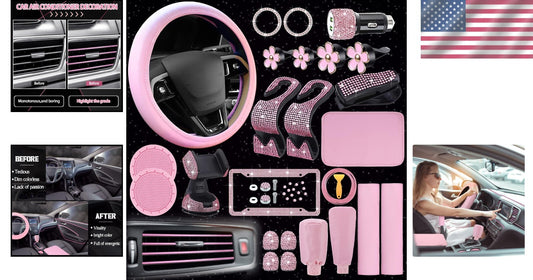 Fashionable Light Pink Car Accessories Bundle: Steering Cover & Phone Holder