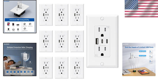 15 Amp USB Wall Outlet with 3 Ports & Dual USB C - 10 Pack, UL/CUL Listed