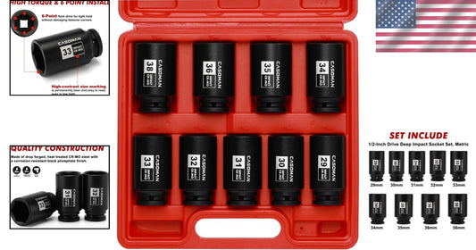 Corrosion-Resistant 9-Piece Deep Socket Set with 1/2-Inch Drive - Axle Nut Tools