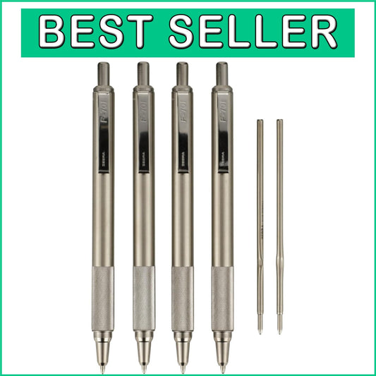 F-701 Retractable Ballpoint Pen 4-Pack - Stainless Steel, Fine 0.8mm Black Ink