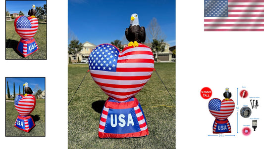 Celebrate July 4th with 5 Ft Inflatable Love Heart & Eagle, LED Lit Decoration