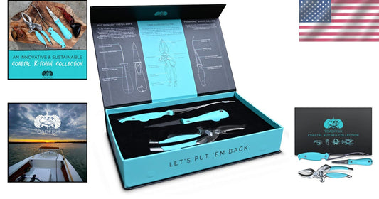 Ergonomic Seafood Tool Set: Crab Cutter, Shrimp Deveiner & Oyster Knife in Blue