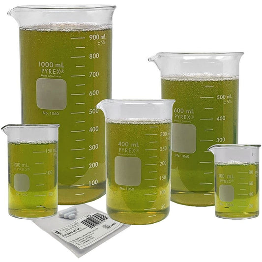 5-Piece Corning Pyrex Beaker Set with Magnetic Stir Bars - Tall Berzelius Style