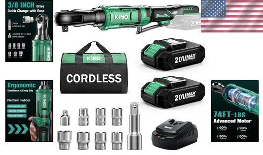 Battery Powered 20V Ratchet Wrench Set - Compact with Extension Bar & Adapters