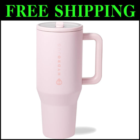 Dishwasher-Safe 40 oz Travel Water Bottle with Rubber Base & Straw - Pink Sand
