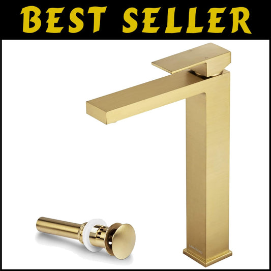 Modern Single Handle Brushed Gold Faucet - Includes Easy-Install Pop-Up Drain