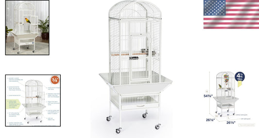 Chalk White Wrought Iron Bird Cage with Rounded Seed Guards and Rolling Stand
