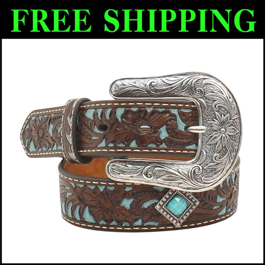 Stylish Girls' Leather Belt with Diamond Turquoise Conchos & Flower Design