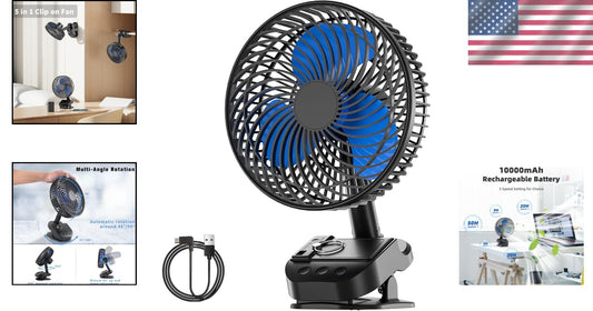 4-in-1 USB Rechargeable Fan - 8-Inch Clip, 10000mAh, 5 Speeds, 45°/90° Rotation