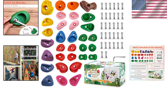 32 Multi-Size Rock Climbing Holds for Kids & Adults - Indoor & Outdoor Fun