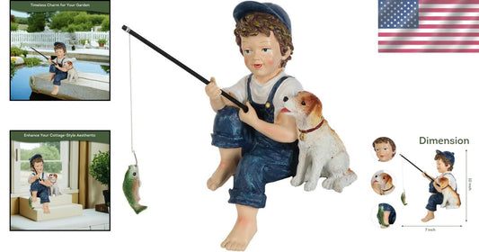 Endearing 10-Inch Fishing Boy & Dog Resin Statue for Enhanced Garden Charm
