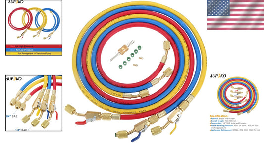 All-in-One 60-Inch HVAC Charging Hose with 3 Colors, Valve Core Tools & Gaskets