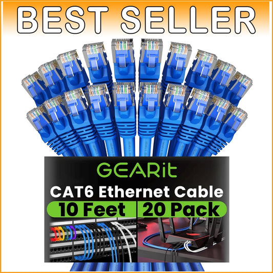 Bulk 20-Pack Cat 6 Ethernet Patch Cables - 10 Feet, Gold-Plated RJ45 Connectors