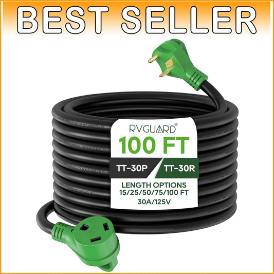 30 Amp 100 Ft RV Extension Cord with LED Indicator and Storage Bag - Heavy Duty