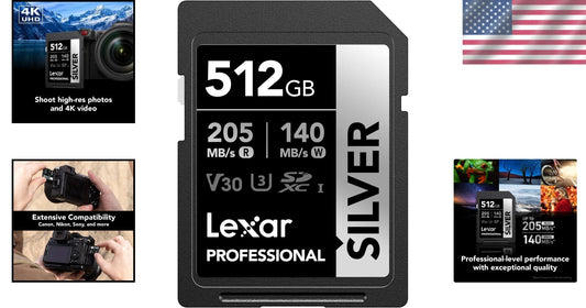 512GB Premium Silver SD Card - Class 10, U3, V30 - For Stunning 4K Footage