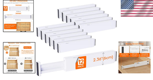 12 Pack Adjustable Drawer Dividers - Expandable Utensil and Tool Organizers