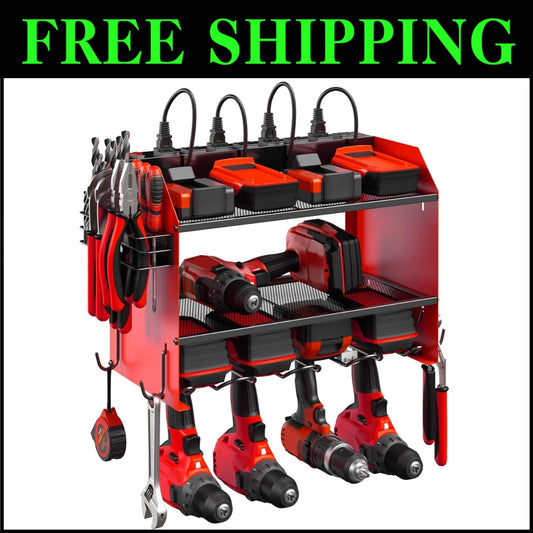 Dual-Tier Power Tool Storage Shelf w/ Surge Protector & Built-in Battery Holder