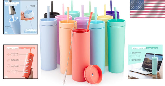 Colorful 12-Pack of 16oz Double Wall Acrylic Skinny Tumblers with Lids & Straws