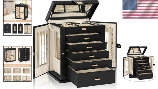 Elegant 360° Rotating Jewelry Box - 6-Tier Organizer with Large Mirror