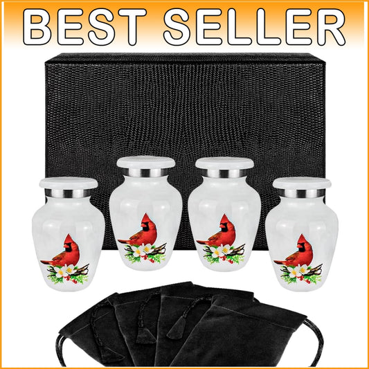 Set of 4 Mini Cremation Urns with Stunning Red Cardinal Design for Keepsakes