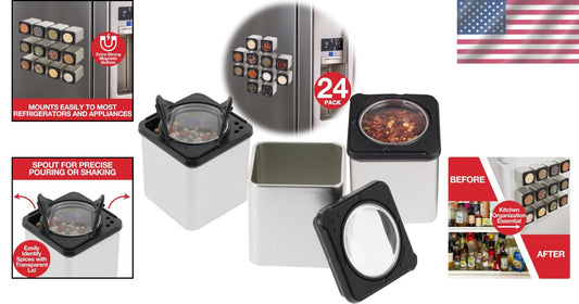 Stylish Magnetic Spice Containers - 24 Glass Jars with Easy Open Lids
