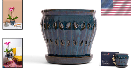 Elegant 6" Teal Jade Ceramic Orchid Pot with Drainage – Ideal for Indoor Plants