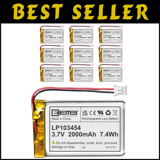 Rechargeable 3.7V Lithium Polymer Battery Pack - 10 x 2000mAh With JST Connector