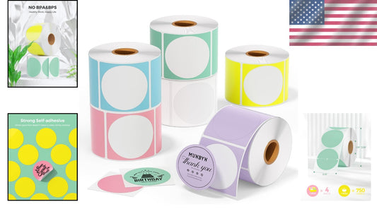 Multi-Purpose 2" Circle Color Thermal Sticker Labels - 4500 Self-Adhesive Rolls