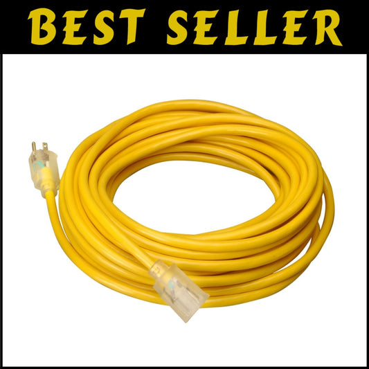 100Ft Outdoor Yellow Extension Cord, 10 Gauge with Strain Relief - High Capacity