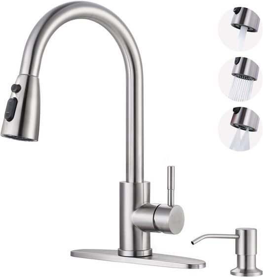 Efficient Brushed Nickel Kitchen Faucet with DIY Installation & Soap Dispenser