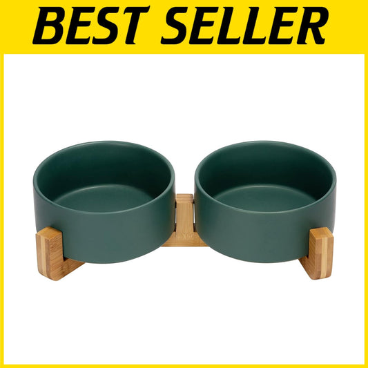 Elegant Ceramic Dog and Cat Bowl Set with Non-Slip Wooden Stand - 3.6 Cups