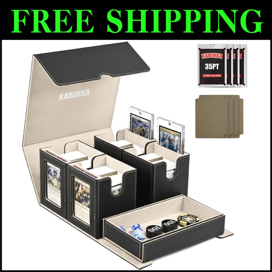 5 in 1 MTG Commander Card Deck Box - Black Gold, Fits 400+ Cards, Dice Tray