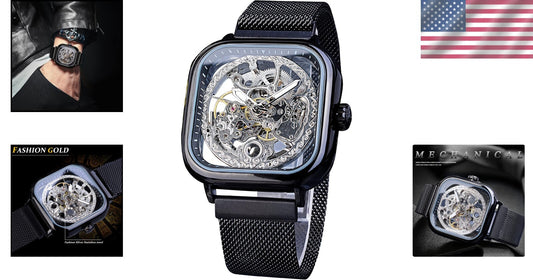 Elegant Men's Skeleton Wristwatch with Flower Movement Carving & Stainless Steel