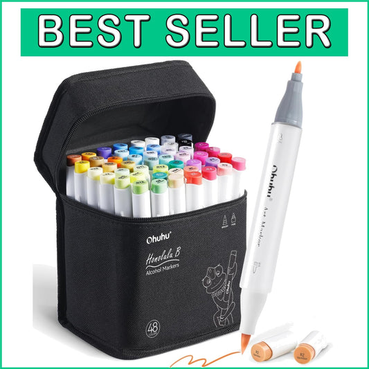 48 Color Alcohol Marker Set w/ Color-Coded Caps & Carrying Case - Perfect Gift