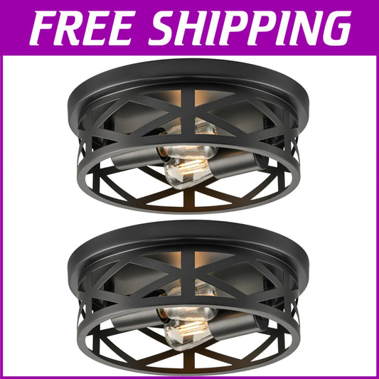 Modern Black Farmhouse Flush Mounts - 11" Adjustable Ceiling Lights Set of 2