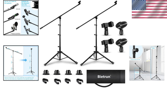 Sturdy Metal Tripod Mic Stand Set with Universal Clips & Carrying Bag - 2 Pack