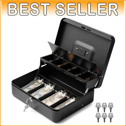 Large Metal Cash Safe with Key Lock and Tray for Yard Sales & Small Business
