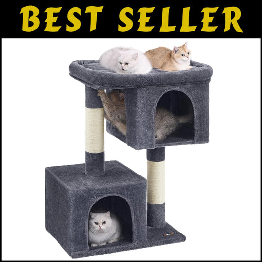 Smoky Gray 39.8" Cat Tower with Large Perch and Two Cat Caves - Stable & Durable