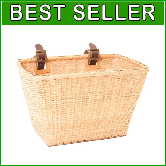 Vintage Cane Woven Bicycle Handlebar Basket with Leather Straps & Brass Buckles