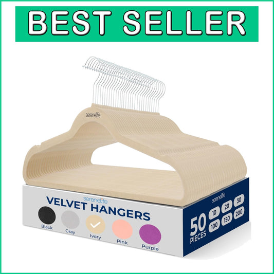 50 Pack Ivory Velvet Hangers - Non-Slip with 360° Swivel Hook - Space-Saving ...