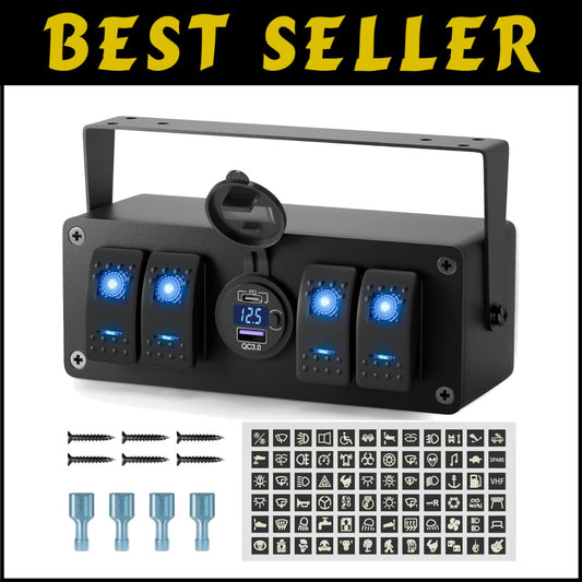 Durable Marine 4 Gang Switch Box with Built-in LED Voltmeter & Adjustable Mount