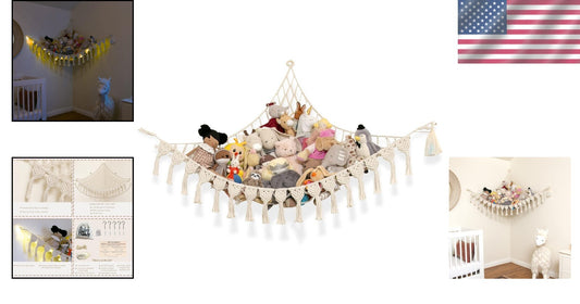 Extra Large Natural Cotton Stuffed Animal Hammock with LED Lights - Boho Storage