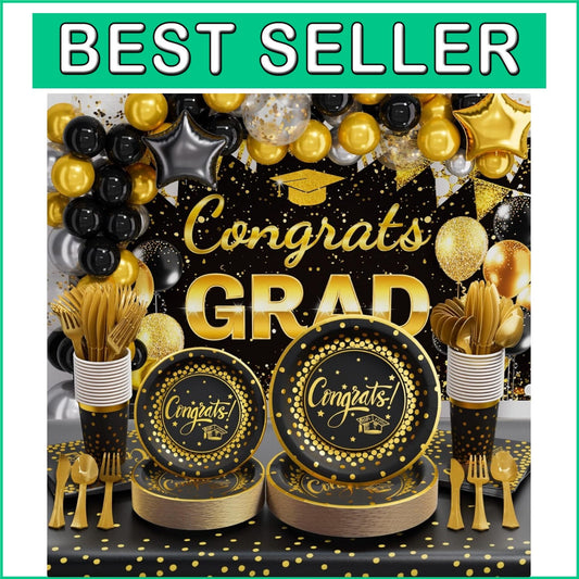 Elegant 245 PCS Black & Gold Graduation Decorations - Serves 25 Guests with Ease