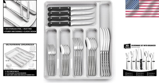 Elegant 49-Piece Flatware Set with Comfortable Handles & 6-Compartment Organizer