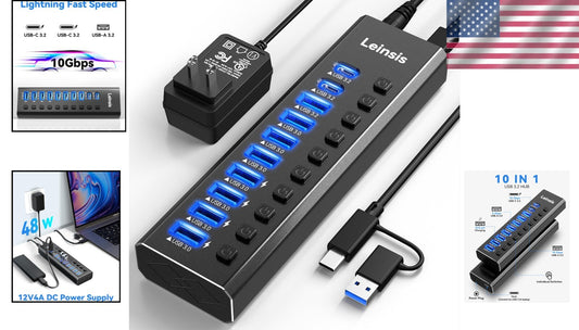 10-Port USB 3.2 Hub with Power Adapter & Individual Switches for Devices
