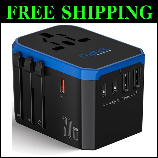 Compact 70W World Travel Plug Adapter - Type A, C, G Outputs, Fast Charging