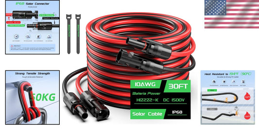 30FT 10AWG Solar Panel Extension Cable Set - Waterproof & Durable Connectors