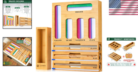 Elegant Bamboo Kitchen Storage Organizer with Slide Cutter & Labels Included