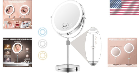 Rechargeable 8” Makeup Mirror with 15X Magnification & Stepless Dimming Light