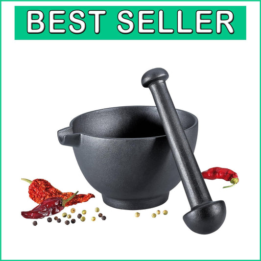 Extra Large Cast Iron Mortar and Pestle with Pour Spout for Authentic Cooking